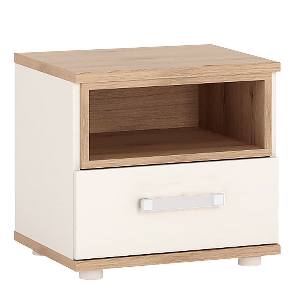 Kinder 1 Drawer bedside Cabinet in Light Oak and white High Gloss (opalino handles)